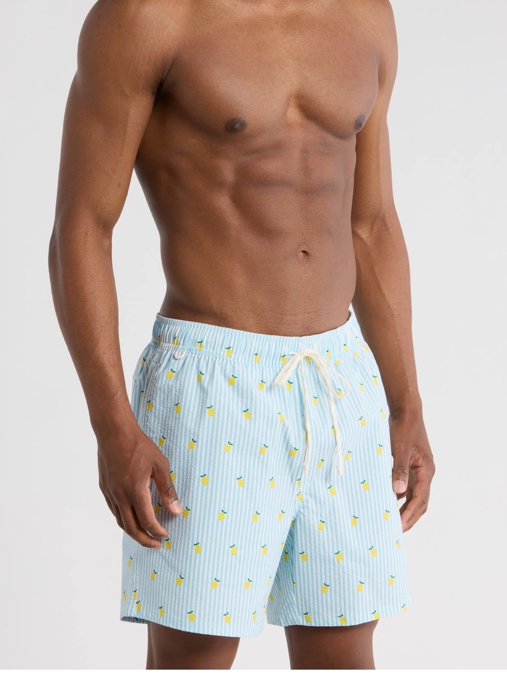 NWT - Men's Light Blue Lemon Seersucker Swim Trunks - Swim Shorts